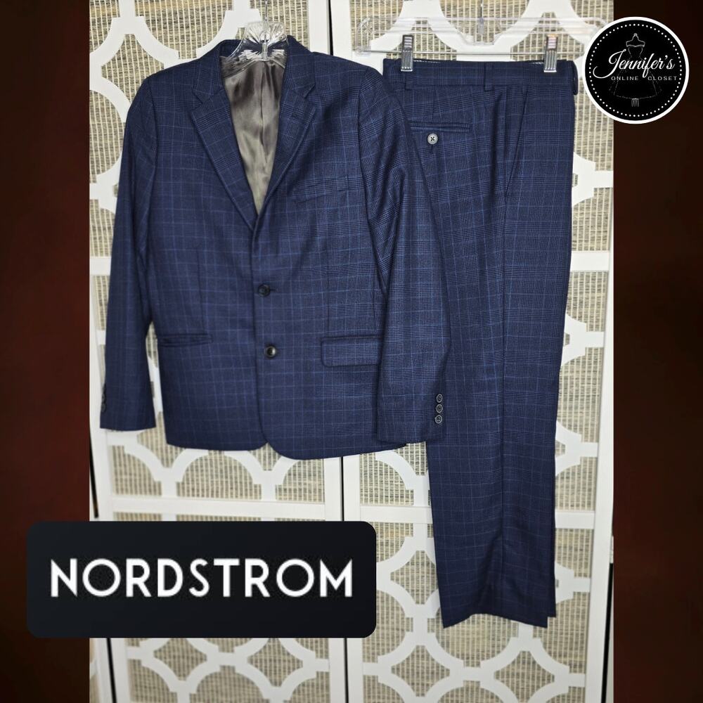 Nordstrom Boys Blue & Black Plaid 2-Piece Pant & Blazer Suit Size 12